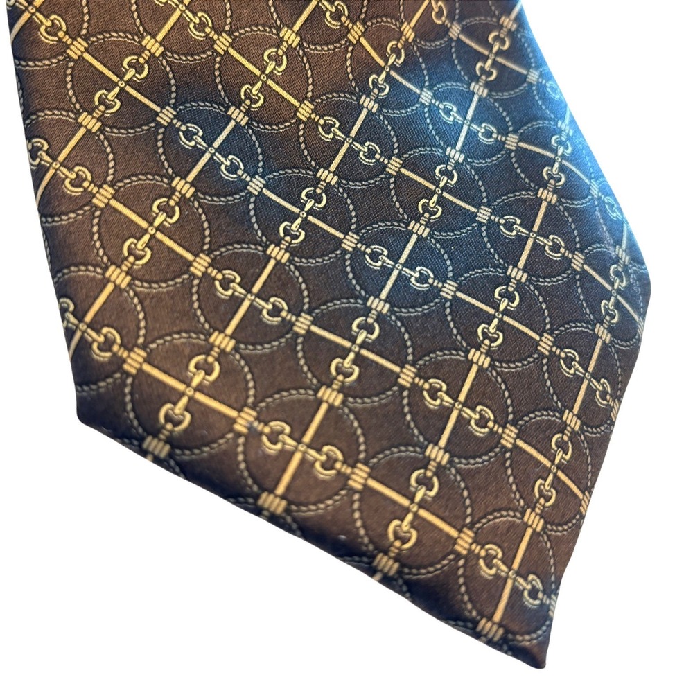 Vtg Luciano Toscani Horsebit 100% Silk Tie Men Taupe Brown Gold Gucci Made Italy - Picture 2 of 5